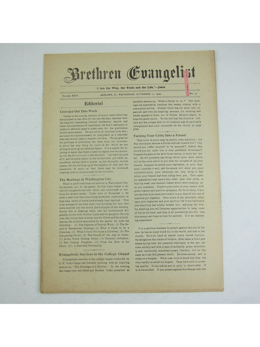 Brethren Evangelist Christian Newspaper Ashland Ohio Antique November 12th 1902